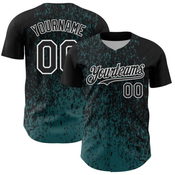 Custom Black Midnight Green-White Abstract Fragment Splatter Authentic Baseball Jersey
