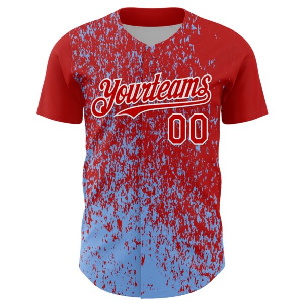 Custom Red Light Blue-White Abstract Fragment Splatter Authentic Baseball Jersey