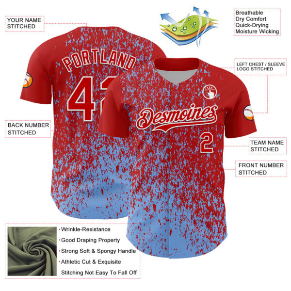 Custom Red Light Blue-White Abstract Fragment Splatter Authentic Baseball Jersey