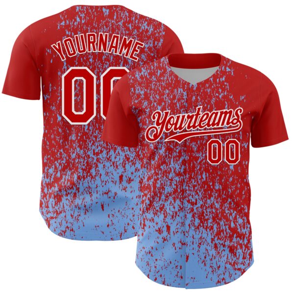 Custom Red Light Blue-White Abstract Fragment Splatter Authentic Baseball Jersey