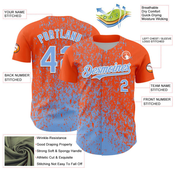 Custom Orange Light Blue-White Abstract Fragment Splatter Authentic Baseball Jersey
