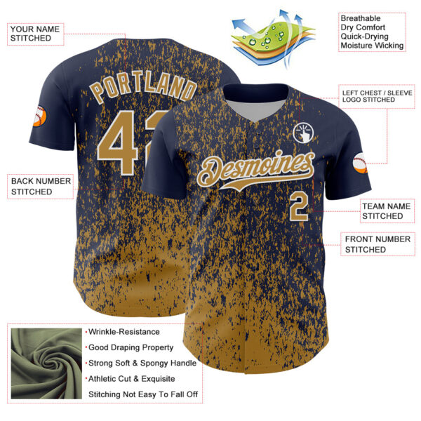 Custom Navy Old Gold-White Abstract Fragment Splatter Authentic Baseball Jersey