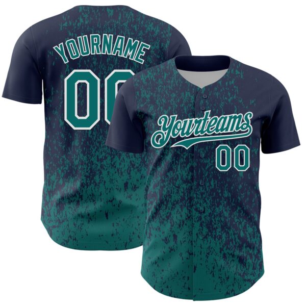 Custom Navy Teal-White Abstract Fragment Splatter Authentic Baseball Jersey