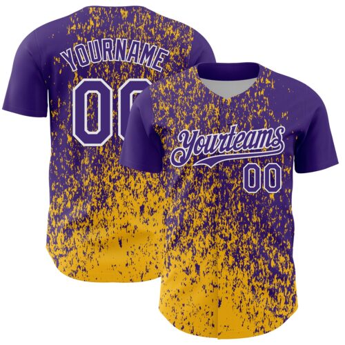 Custom Purple Gold-White Abstract Fragment Splatter Authentic Baseball Jersey