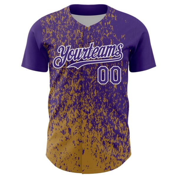 Custom Purple Old Gold-White Abstract Fragment Splatter Authentic Baseball Jersey