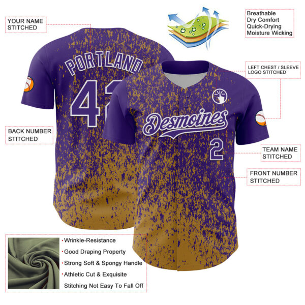 Custom Purple Old Gold-White Abstract Fragment Splatter Authentic Baseball Jersey