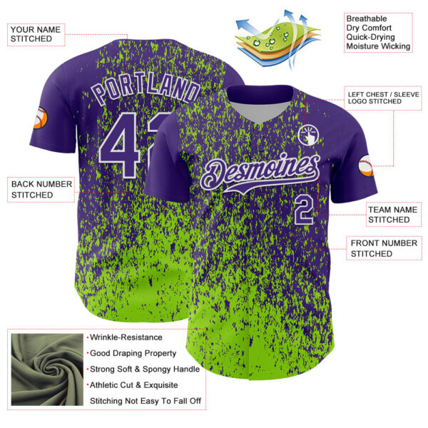 Custom Purple Neon Green-White Abstract Fragment Splatter Authentic Baseball Jersey