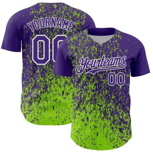Custom Purple Neon Green-White Abstract Fragment Splatter Authentic Baseball Jersey