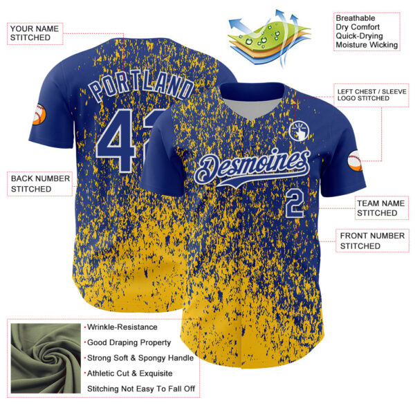 Custom Royal Yellow-White Abstract Fragment Splatter Authentic Baseball Jersey