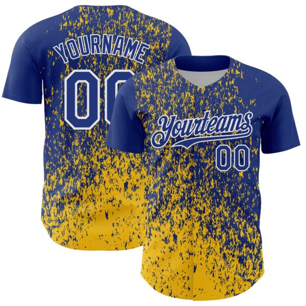 Custom Royal Yellow-White Abstract Fragment Splatter Authentic Baseball Jersey