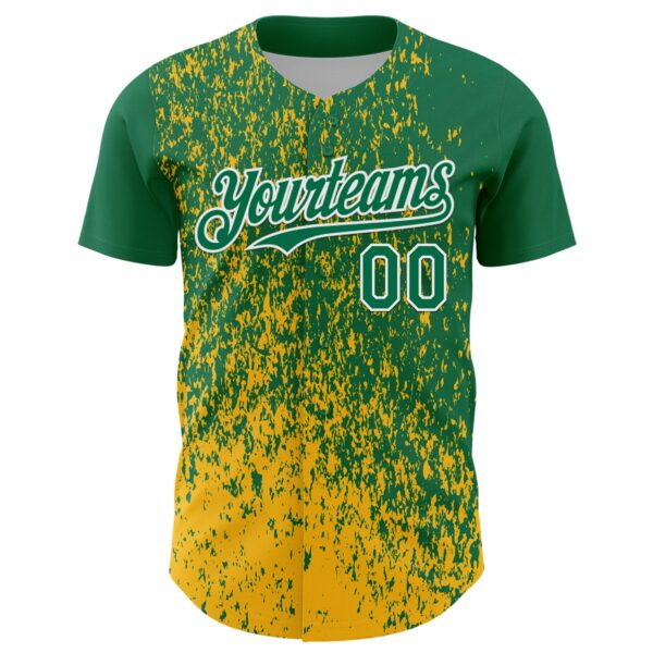 Custom Kelly Green Gold-White Abstract Fragment Splatter Authentic Baseball Jersey