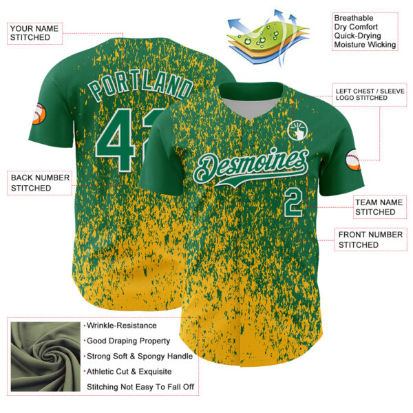Custom Kelly Green Gold-White Abstract Fragment Splatter Authentic Baseball Jersey
