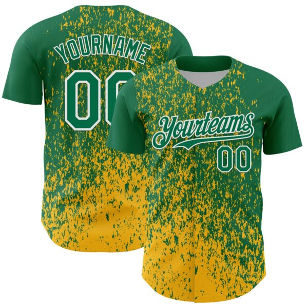 Custom Kelly Green Gold-White Abstract Fragment Splatter Authentic Baseball Jersey