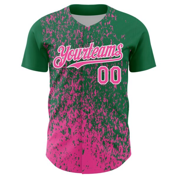 Custom Kelly Green Pink-White Abstract Fragment Splatter Authentic Baseball Jersey