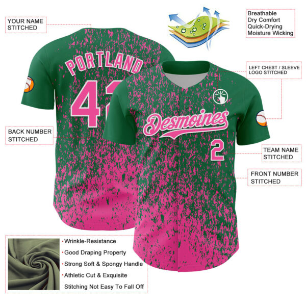 Custom Kelly Green Pink-White Abstract Fragment Splatter Authentic Baseball Jersey