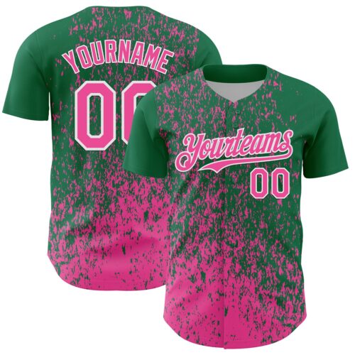 3DPattern13086 Custom Kelly Green Pink-White Abstract Fragment Splatter Authentic Baseball Jersey