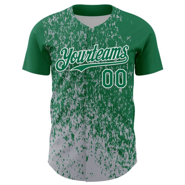 Custom Kelly Green Gray-White Abstract Fragment Splatter Authentic Baseball Jersey