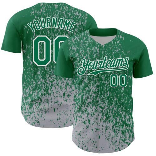 3DPattern13087 Custom Kelly Green Gray-White Abstract Fragment Splatter Authentic Baseball Jersey