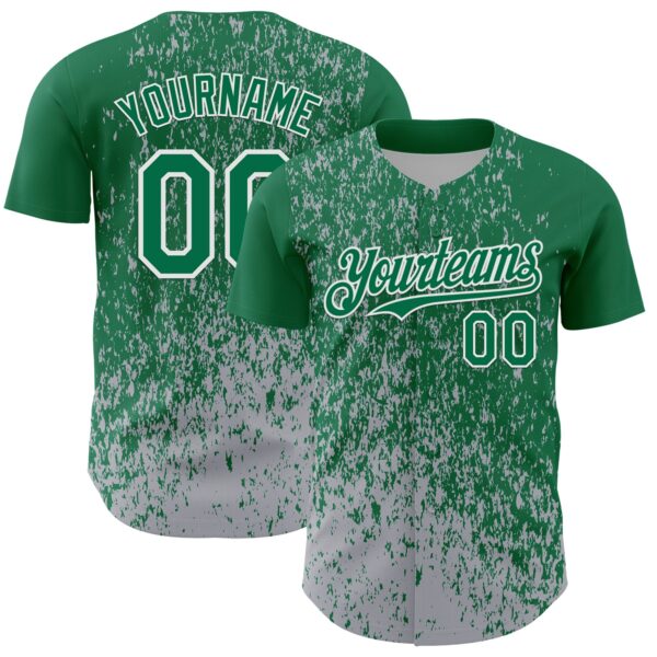 Custom Kelly Green Gray-White Abstract Fragment Splatter Authentic Baseball Jersey