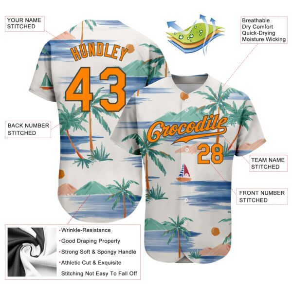 Custom Cream Bay Orange-Olive 3D Pattern Design Beach Coconut Palms Island And Sailboat Authentic Baseball Jersey