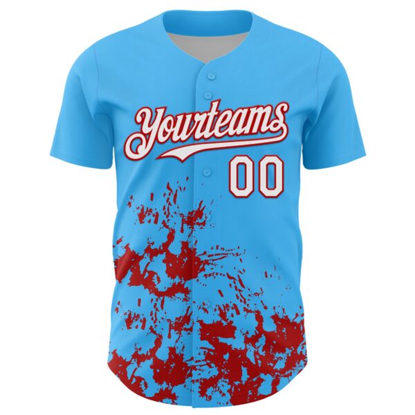 Custom Sky Blue White-Red Splatter Authentic Baseball Jersey
