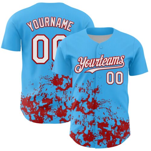 3DPattern13120 Custom Sky Blue White-Red Splatter Authentic Baseball Jersey