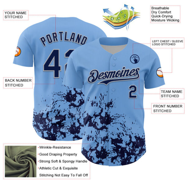 Custom Light Blue Navy-Gray Splatter Authentic Baseball Jersey