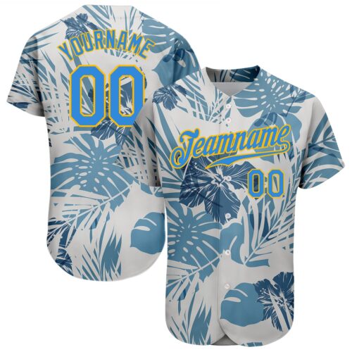 3DPattern1314 Custom White Electric Blue-Gold 3D Pattern Design Hawaii Palm Leaves And Flowers Authentic Baseball Jersey