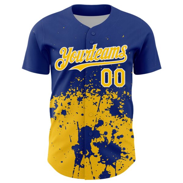 Custom Royal Yellow-White Abstract Splatter Grunge Authentic Baseball Jersey
