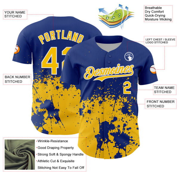Custom Royal Yellow-White Abstract Splatter Grunge Authentic Baseball Jersey
