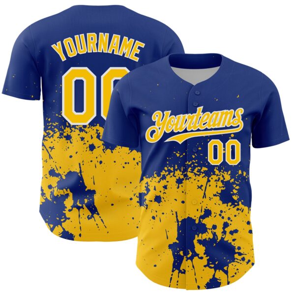 Custom Royal Yellow-White Abstract Splatter Grunge Authentic Baseball Jersey