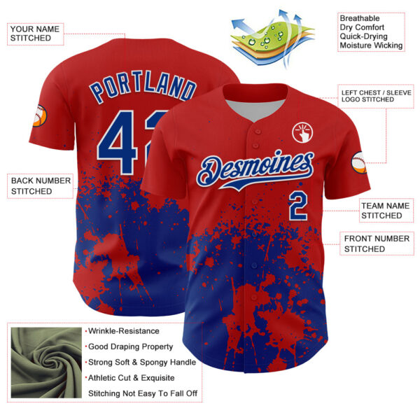 Custom Red Royal-White Abstract Splatter Grunge Authentic Baseball Jersey