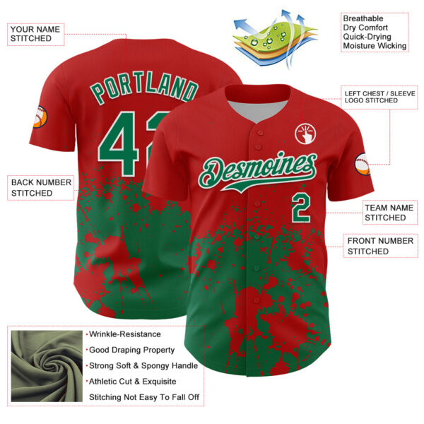Custom Red Kelly Green-White Abstract Splatter Grunge Authentic Baseball Jersey