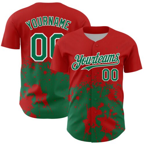 3DPattern13144 Custom Red Kelly Green-White Abstract Splatter Grunge Authentic Baseball Jersey