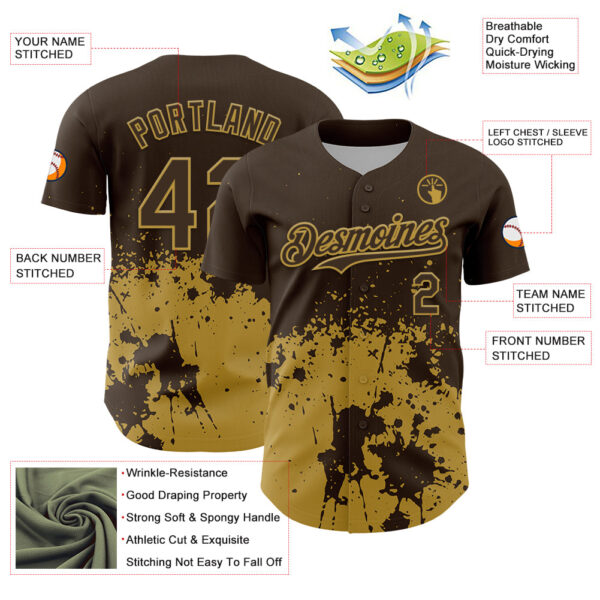 Custom Brown Old Gold Abstract Splatter Grunge Authentic Baseball Jersey