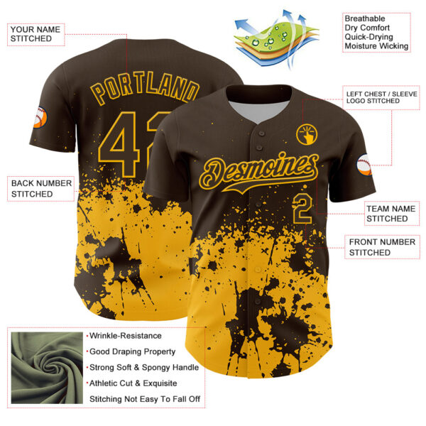 Custom Brown Yellow Abstract Splatter Grunge Authentic Baseball Jersey