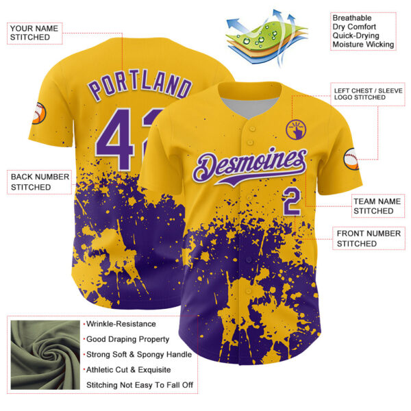 Custom Gold Purple-White Abstract Splatter Grunge Authentic Baseball Jersey