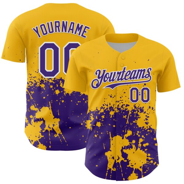 Custom Gold Purple-White Abstract Splatter Grunge Authentic Baseball Jersey
