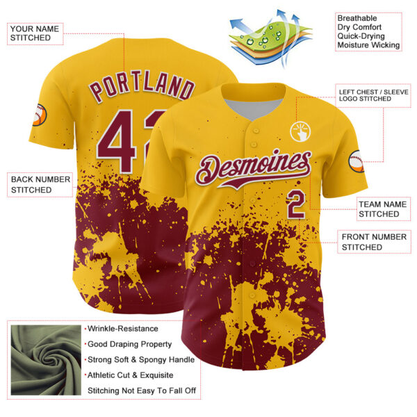 Custom Gold Crimson-White Abstract Splatter Grunge Authentic Baseball Jersey