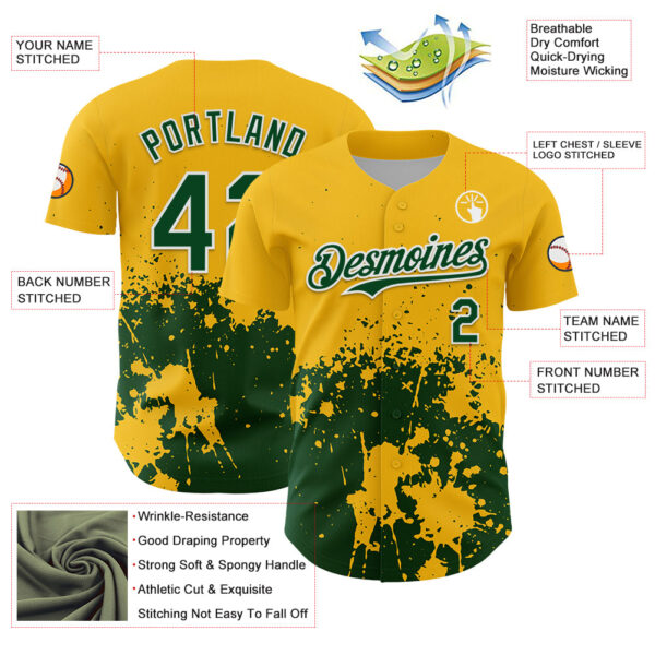 Custom Gold Green-White Abstract Splatter Grunge Authentic Baseball Jersey