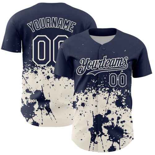 Custom Navy Cream Abstract Splatter Grunge Authentic Baseball Jersey