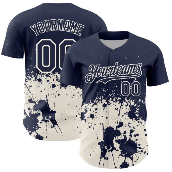 Custom Navy Cream Abstract Splatter Grunge Authentic Baseball Jersey