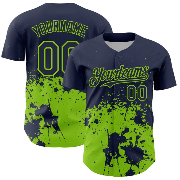 Custom Navy Neon Green Abstract Splatter Grunge Authentic Baseball Jersey