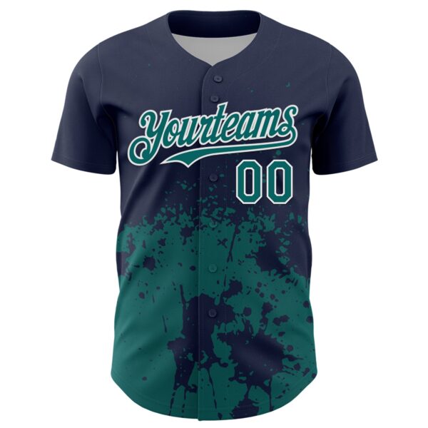 Custom Navy Teal-White Abstract Splatter Grunge Authentic Baseball Jersey