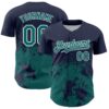 Custom Navy Teal-White Abstract Splatter Grunge Authentic Baseball Jersey