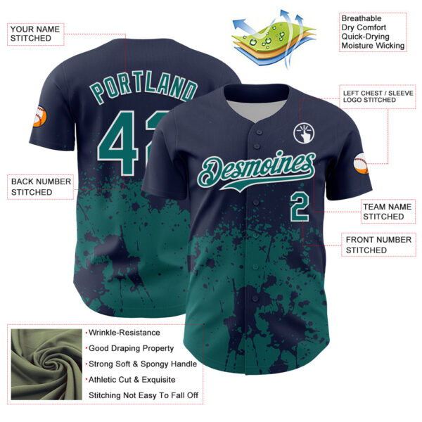 Custom Navy Teal-White Abstract Splatter Grunge Authentic Baseball Jersey