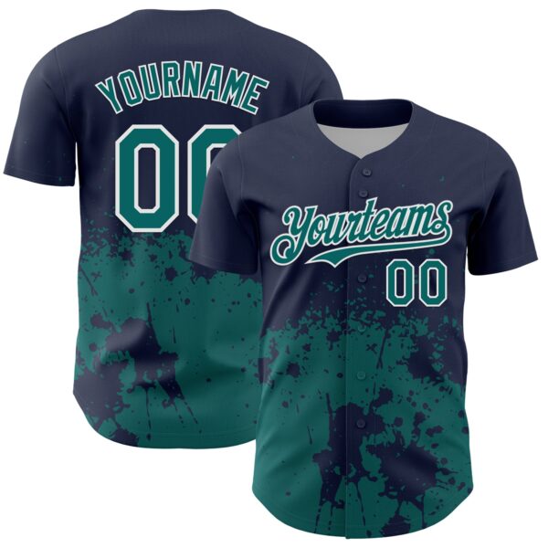 Custom Navy Teal-White Abstract Splatter Grunge Authentic Baseball Jersey