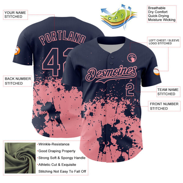 Custom Navy Medium Pink Abstract Splatter Grunge Authentic Baseball Jersey