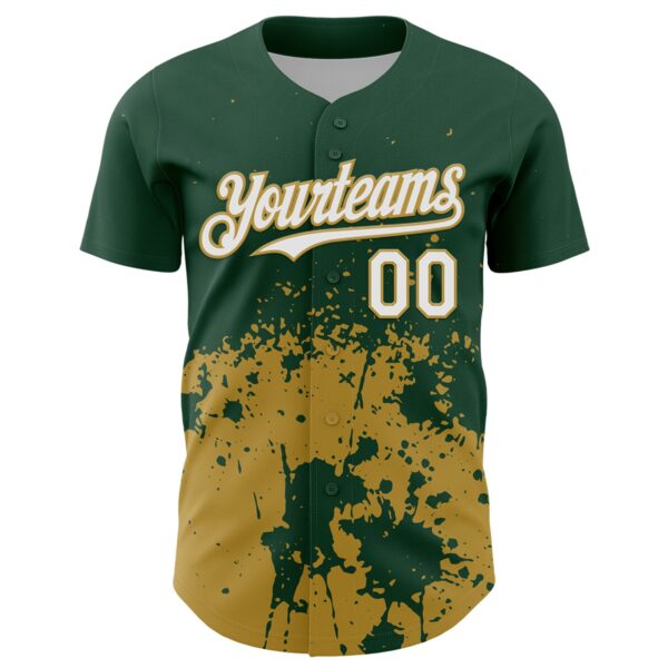 Custom Green White-Old Gold Abstract Splatter Grunge Authentic Baseball Jersey