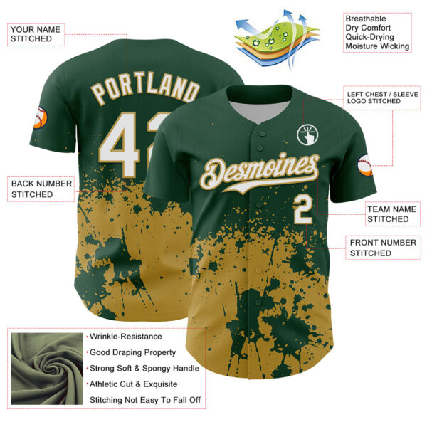 Custom Green White-Old Gold Abstract Splatter Grunge Authentic Baseball Jersey